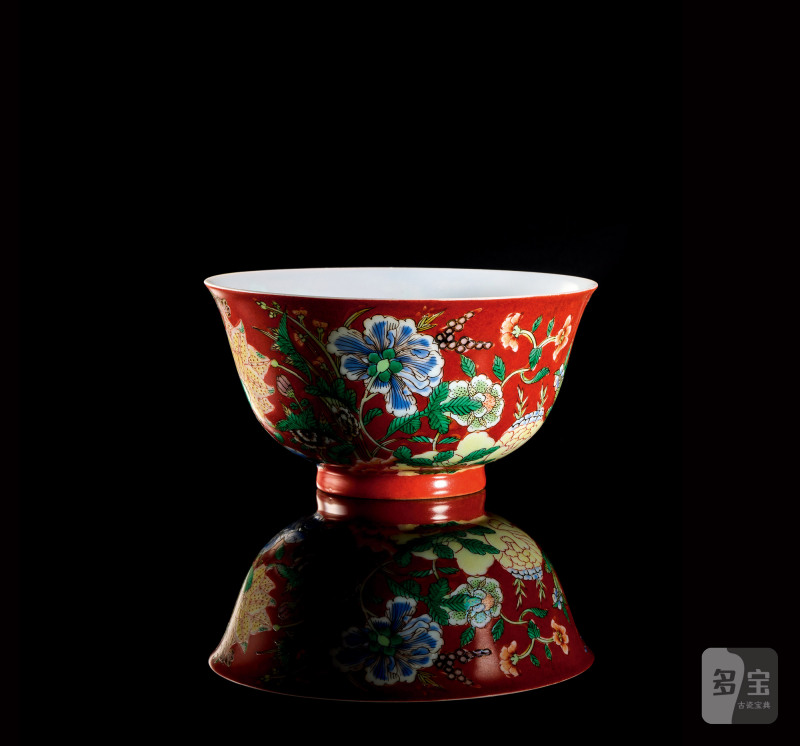 清康熙 御制磁胎画珐琅红地洋彩九秋同庆图碗一对 - 图2